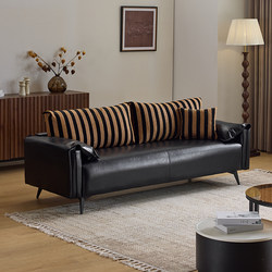 Italian-Style Minimalist Sofa for Small Apartments, Home Living Room, Office Reception, Vintage Black Oil-Waxed Leather Two- or Three-Seater Sofa