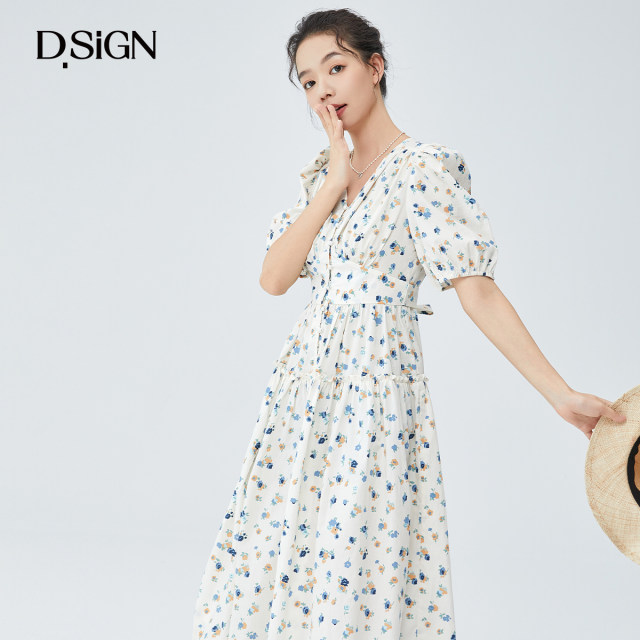 D.SIGN small temperament V-neck mid-length A-line dress for women's summer 2025 new puff sleeve short-sleeved print
