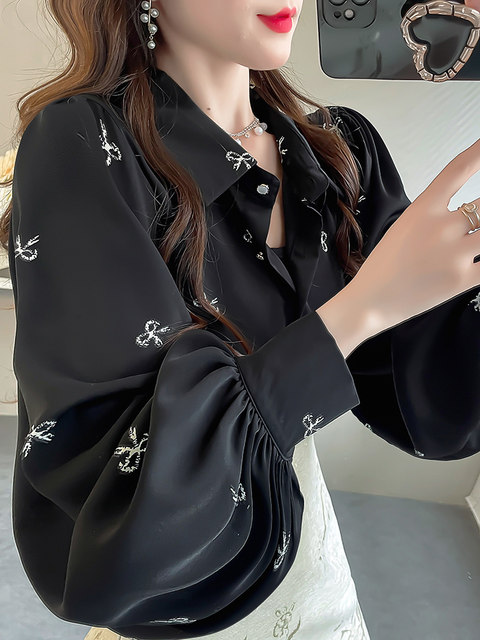 Boutique Wholesale 2025 Summer New Fashionable Loose Temperament Slimming Lantern Sleeve Printed Women's Shirt