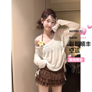 
Thai sweet and cool hot girl with big neckline off-shoulder micro-transparent long-sleeved top sunscreen cake skirt bikini split swimsuit women