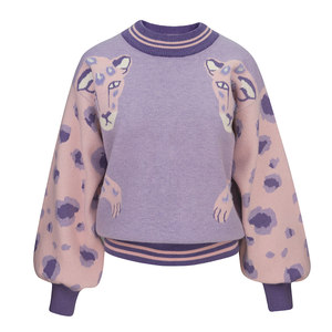 
JUNGLE ME Pink Purple Hand Painted Pink Leopard Lantern Sleeve Sweater Women's Round Neck Contrast Color Pullover Long Sleeve Sweater