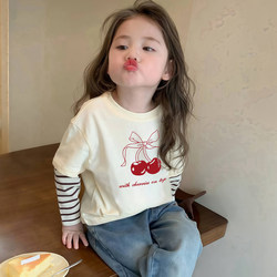 Girls' Pure Cotton Long-Sleeved T-Shirt, Spring & Fall 2025 New Style, Kidsren's Fashionable and Cute Cherry Print Fake Two-Piece Top