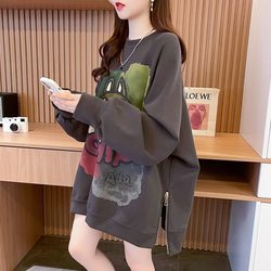 Plus Size 150kg Fleece-Lined Thickened Mid-Length Hip-Covering Sweatshirt Dress 2024 Autumn and Winter Loose Zipper Dress 2