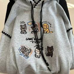 Plus Size Ladies Plus size 150.00kg Cartoon Fleece-lined Hooded Sweatshirt Female Fall and winter New arrival Loose Easiest for match Niche style Meat Covering Outwear