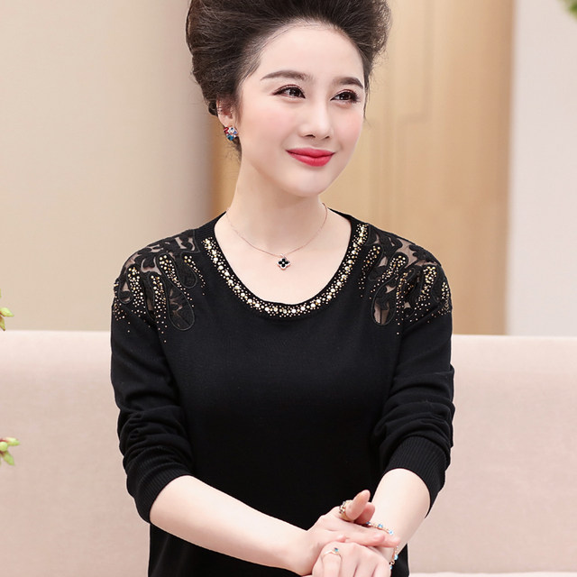 Middle-aged and elderly women's clothing plus fat and plus size mother-in-law wool bottoming shirt 40-50 years old temperament fat mother plus size spring and autumn clothing