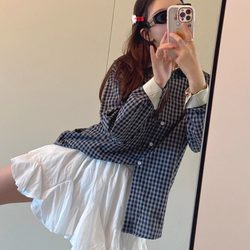 I Was Captivated by This Khaki Color! Color-Blocked Plaid Shirt with Cuffed Sleeves for Couples in Autumn |   Saint Ony