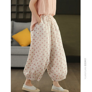 
Yuanyuan Meiyi retro polka dot print 100% ramie bloomers for women elastic waist slimming double-layer harem pants
