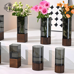 Acrylic High-End Flower Bouquet Vase Wooden Flower Arrangement Vase Living Room Decoration Anti-Fall Transparent Flower Pot