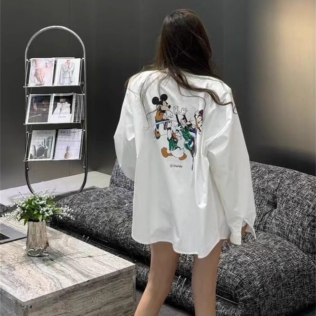 Korean Dongdaemun fashionable age-reducing cartoon printed plus velvet shirt jacket for women loose casual autumn and winter layered tops