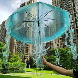 Blue Luminous Transparent Jellyfish Umbrella Long Handle Dual-Use Waterproof Umbrella for Photography Cos Runway Props Umbrella