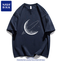 [Crescent Moon] Nasa Trendy Summer Pure Cotton Round Neck Short-Sleeved T-Shirt American Style Unisex Couple Loose Casual Half-Sleeve