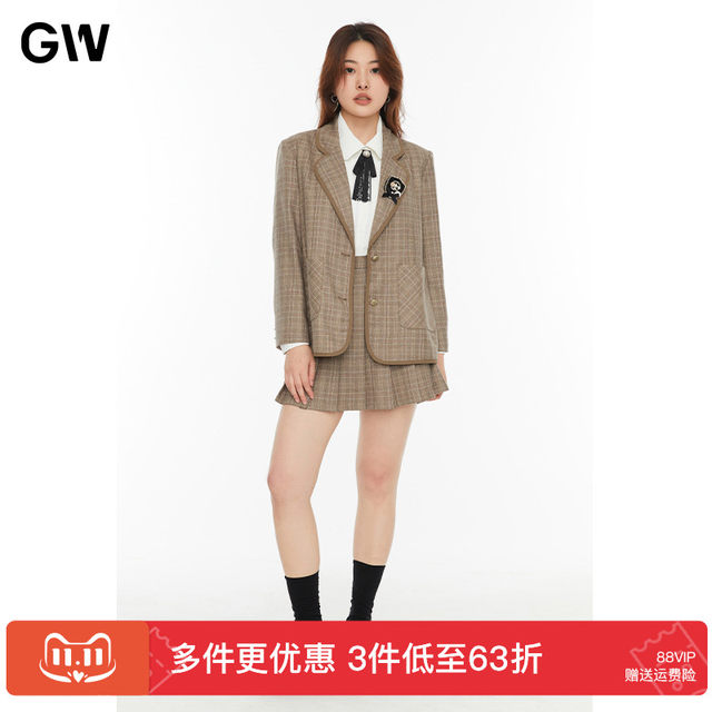 GW large size fat MM 2025 autumn new plaid suit jacket skirt JK uniform college style suit for women