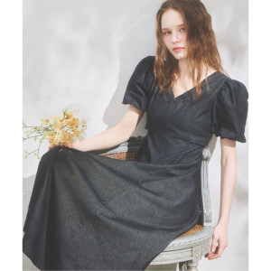 
2026 Boutique Japanese Singles Women's Niche Waist V-Neck Houndstooth Puff Sleeve Slim Dress Cotton Dress