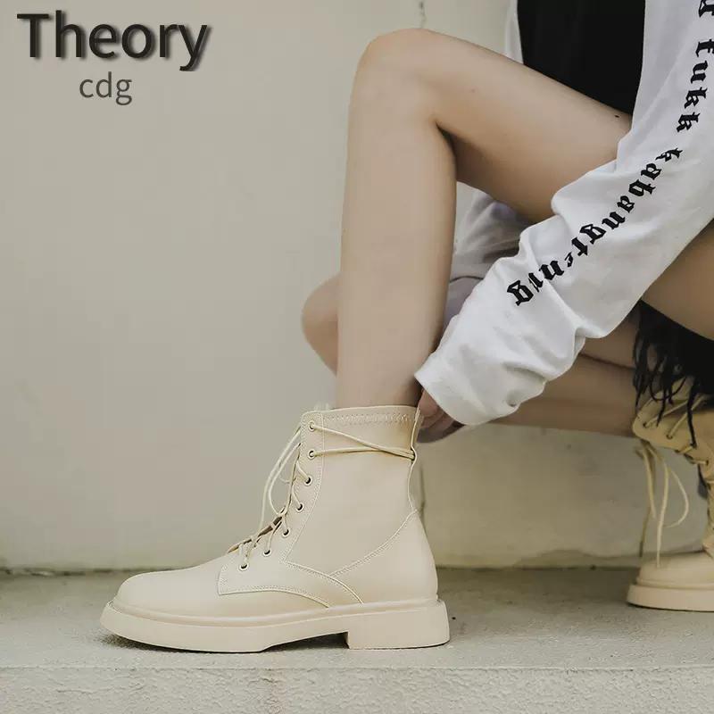 Theory CDG代购~法式高级感时装靴女白色靴子低筒短靴帅气马丁靴-Taobao