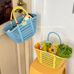Ins Hollow-Out Macaron-Colored Woven Handbag Fruit and Vegetable Basket Picnic Vacation Style Casual Beach Handbag Commuting
