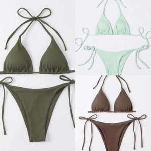 Lace up neck hanging three point bikini solid color with chest pad triangle bag swimsuit, European and American sexy thong bikini