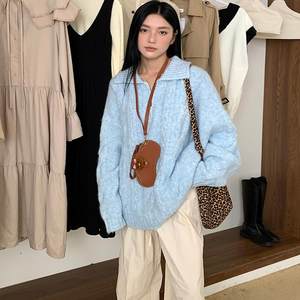 NVPVVA new college style lazy lapel cable sweater, twist loose pullover LOGO knit sweater