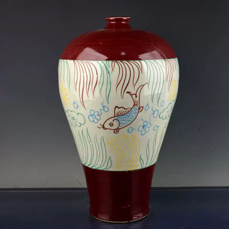 元祭红釉珐华彩鱼藻纹梅瓶古玩古董古瓷器老货收藏-Taobao