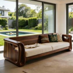 Medieval Style Zen-Inspired Sofa, Living Room Solid Wood Sofa, Tea Room Reception Solid Wood Sofa, Straight Row New Model, Suitable for Both Winter and Summer Use