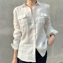 Linen Old Money White Shirt for Women, Spring and Summer, Loose Casual High-End Regular Shoulder Cotton-Linen Shirt, Long-Sleeve Elegant Top