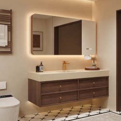 New Mid-Century Style Walnut-Colored Sintered Stone Hot-Bent Integrated Basin Bathroom Cabinet Set with Washbasin