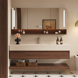 Medieval-Style Walnut-Colored Rock Slab Hot-Bent Integrated Basin Layered Bathroom Cabinet Combination Simple Washbasin for Bathroom