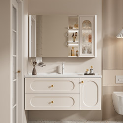 New French Cream Style Solid Wood Multi-Layer Smart Bathroom Cabinet Combination Ceramic Integrated Basin Bathroom Sink
