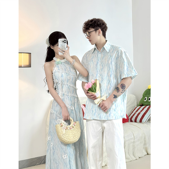 
Niche design couple's clothing summer 2026 Korean style short-sleeved shirts for men and women French style one skirt and one trendy dress