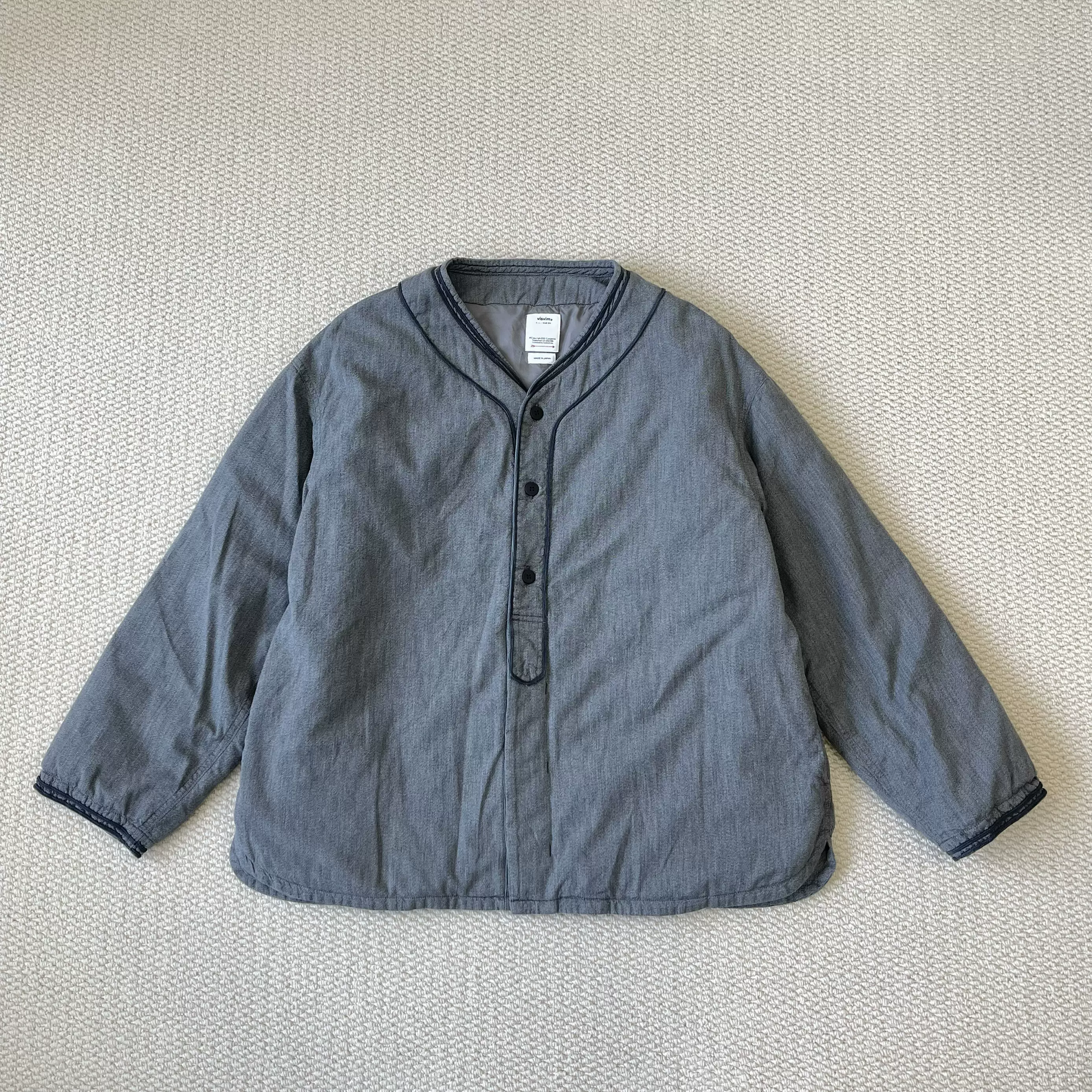 现货VISVIM 25SS DUGOUT CHAMBRAY DOWN L/S棉丝做旧羽绒棒球衬衫