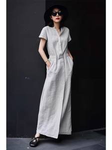 Loose large -size linen dress short -sleeved temperament high waist thin BF casual student cotton and linen shirt over knee long skirt
