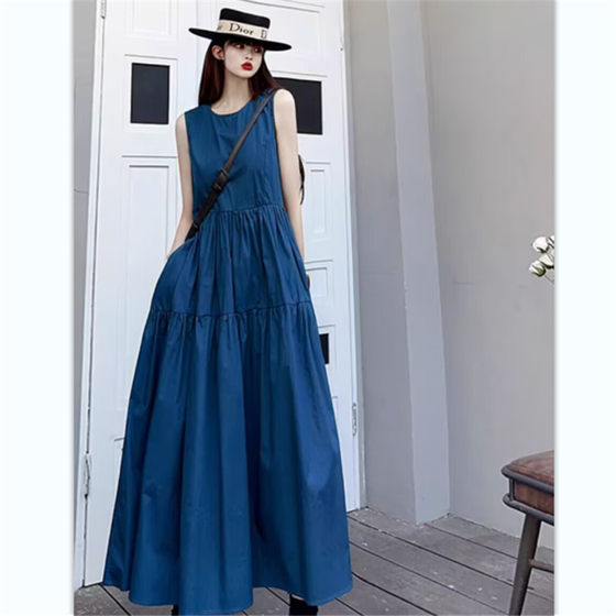 
Pure cotton sleeveless dress with round neck long high waist loose large size slim and versatile student over-knee bottoming long skirt