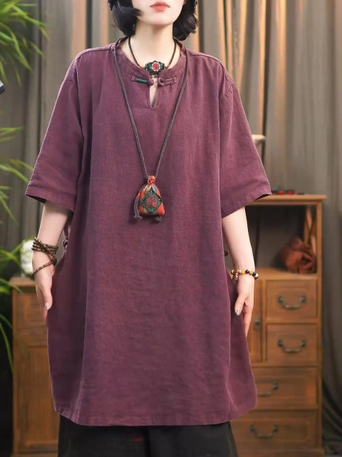 Chinese style retro embroidery stand -up collar cotton linen shirt female middle -style large -size striped linen line buckle medium long small shirt top
