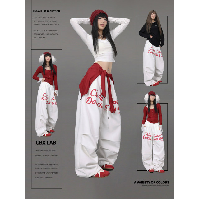 CBXLAB Street Dance Trendy Brand White Hip Hop Paratrooper Trousers Contrasting Color Spring Skin-Friendly Sport Pants Jazz Leisure Pants Trendy
