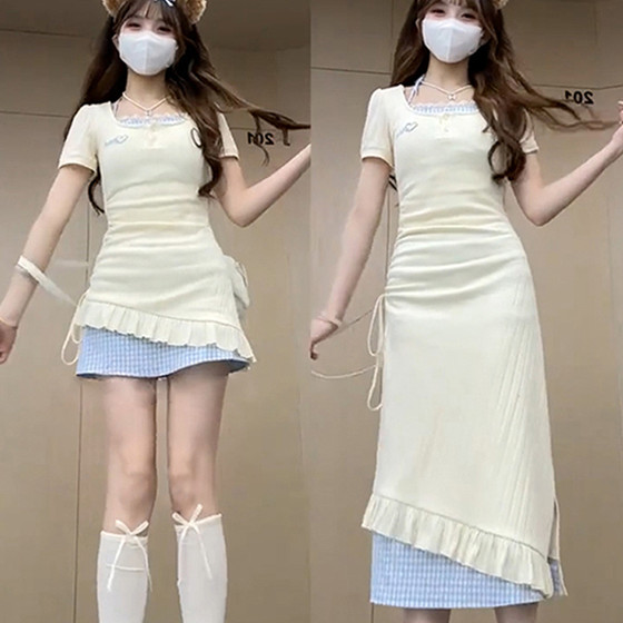 
Short-sleeved dress for women in summer new Korean style high-waisted slim ruffle design drawstring pleated slim long skirt