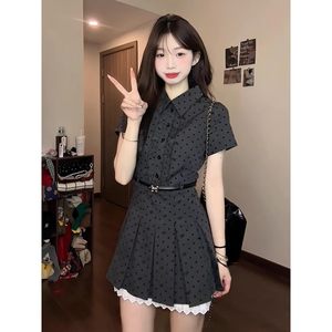 
Korean retro fake two-piece polka dot short-sleeved dress for women in summer college style dress waist-hugging and slimming A-line short skirt