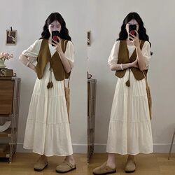 Plus-Size Pear-Shaped Body Short-Sleeved Dress for Women 2025 New Summer Style for Chubby Girls, Tummy-Concealing and Slimming Dress and Vest Set