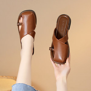 
Genuine leather open-toe bag-toe slippers for women 2024 summer new flat heel flat-soled retro Roman outer wear versatile sandals