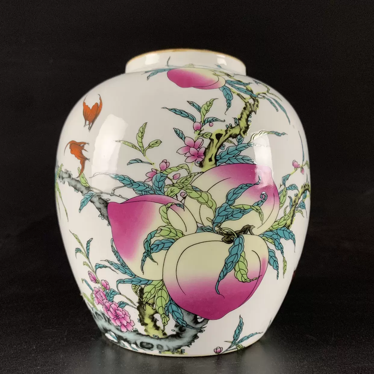 中国古美術・旧藏・古陶瓷品・手描き・粉彩・寿桃紋・瓷碗・彩繪・箱付