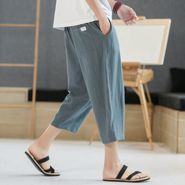 Linen pants men's shorts cropped pants summer thin cotton and linen ...