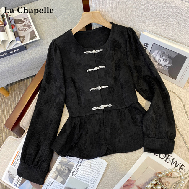 La Chapelle Spring New New Chinese Style Beaded Band Button Loose Jacquard Shirt Top for Women
