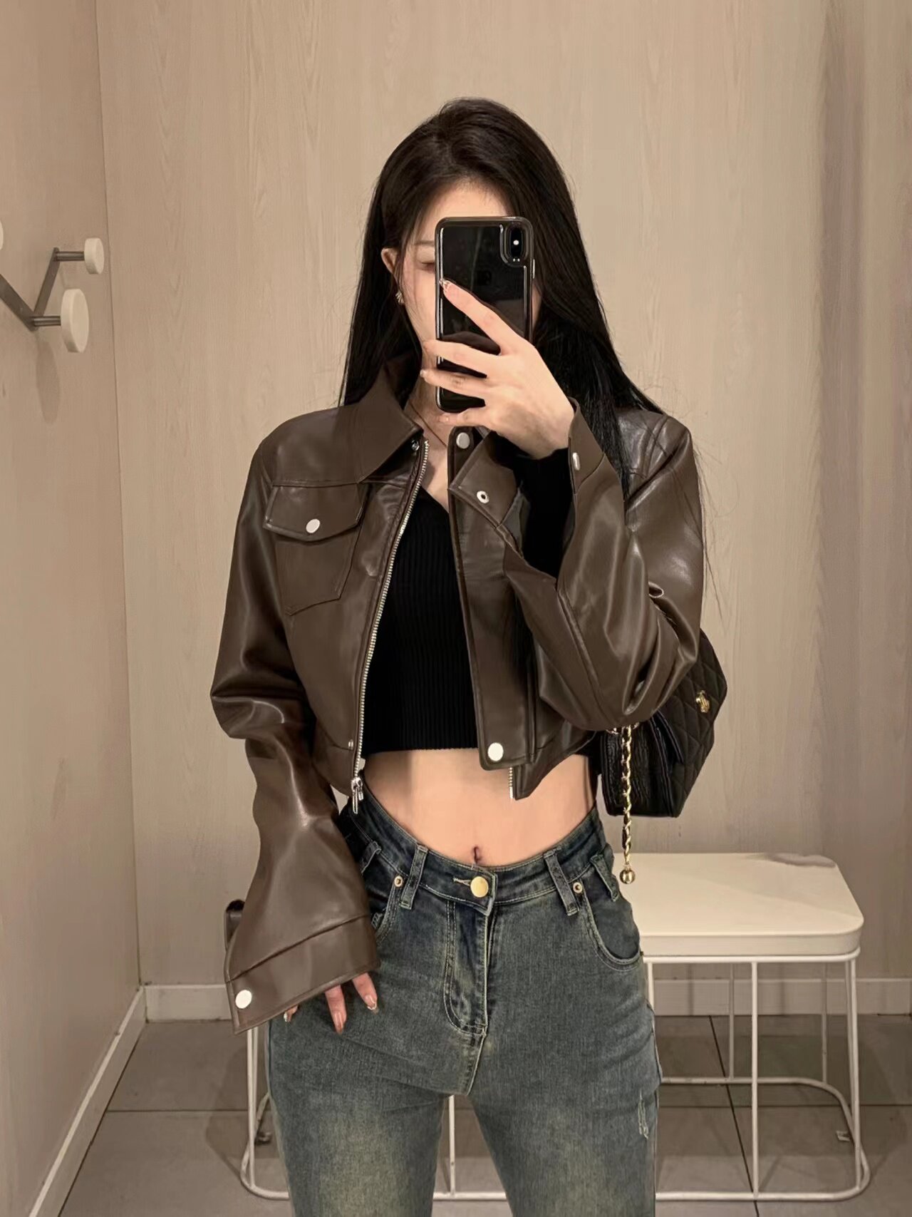 Hong Kong wind short coffee color leather jacket outer set female 2023 ...