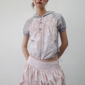 
Blossom Sense girly style ruffle hooded short coat women's drawstring zipper lace-up short top Japanese style