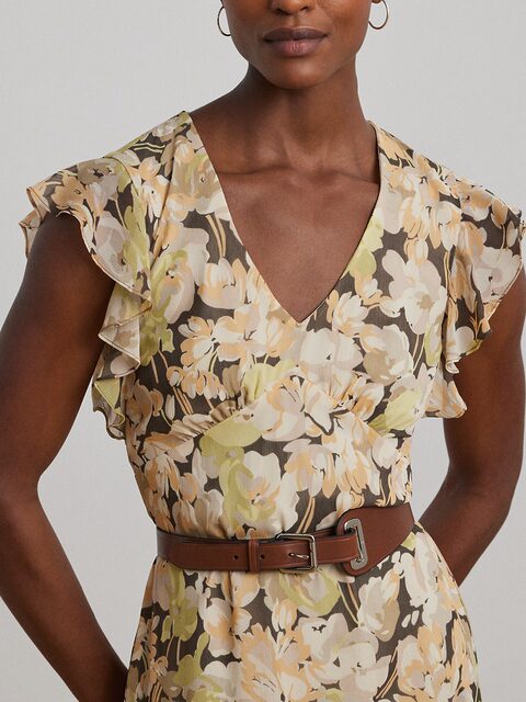 Lauren/Lauren Women's Clothing 25 Years Early Spring Slim Edition Floral Pattern Frilled Georgette Dress