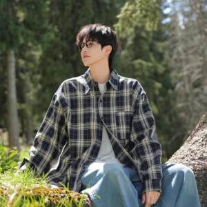 
Japanese long-sleeved hiding blue plaid shirt men's spring and autumn retro inch shirt men's inner shirt jacket top trendy men's style