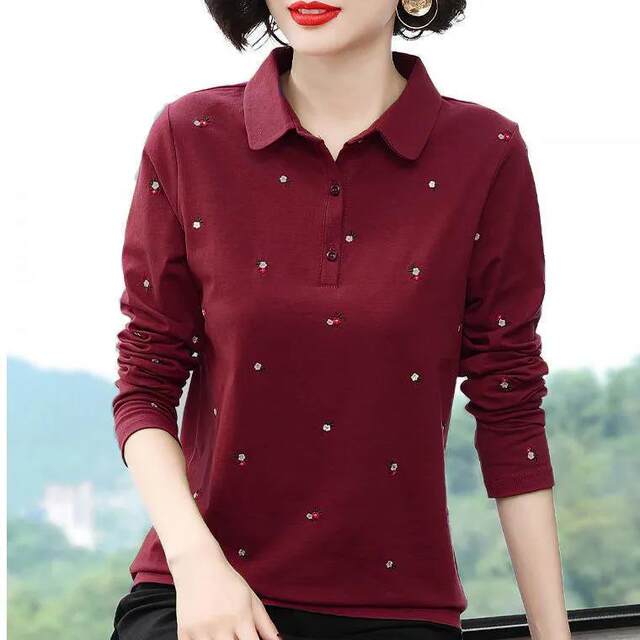 Polo shirt long -sleeved T -shirt women loose large size Mom dress spring 2024 new sports shirt, thin top bottom shirt

