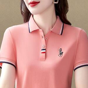 
Lapel Striped T-shirt Women's Short Sleeve 2026 New Summer Clothes Mom Loose Large Size Top Casual Sports Polo Shirt