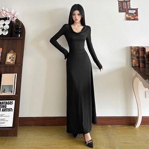 
KLIOU French style feminine retro swing collar dress women's design niche slim slim long skirt autumn