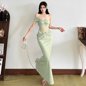 
KLIOU pure lust style lace stitching twisted off-shoulder dress women's pleated slimming hip-hugging long skirt