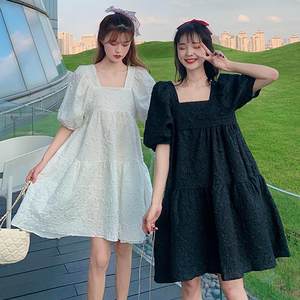 Summer 2023 new French sweet square collar bubble sleeve sleeve high waist high waist, thin loose girlfriend dress dress female
