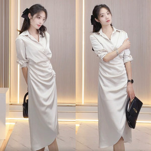 Dress Women's shirt skirt Occupational temperament high -level long -sleeved long sleeve long skirt, waist, irregular knee skirt
